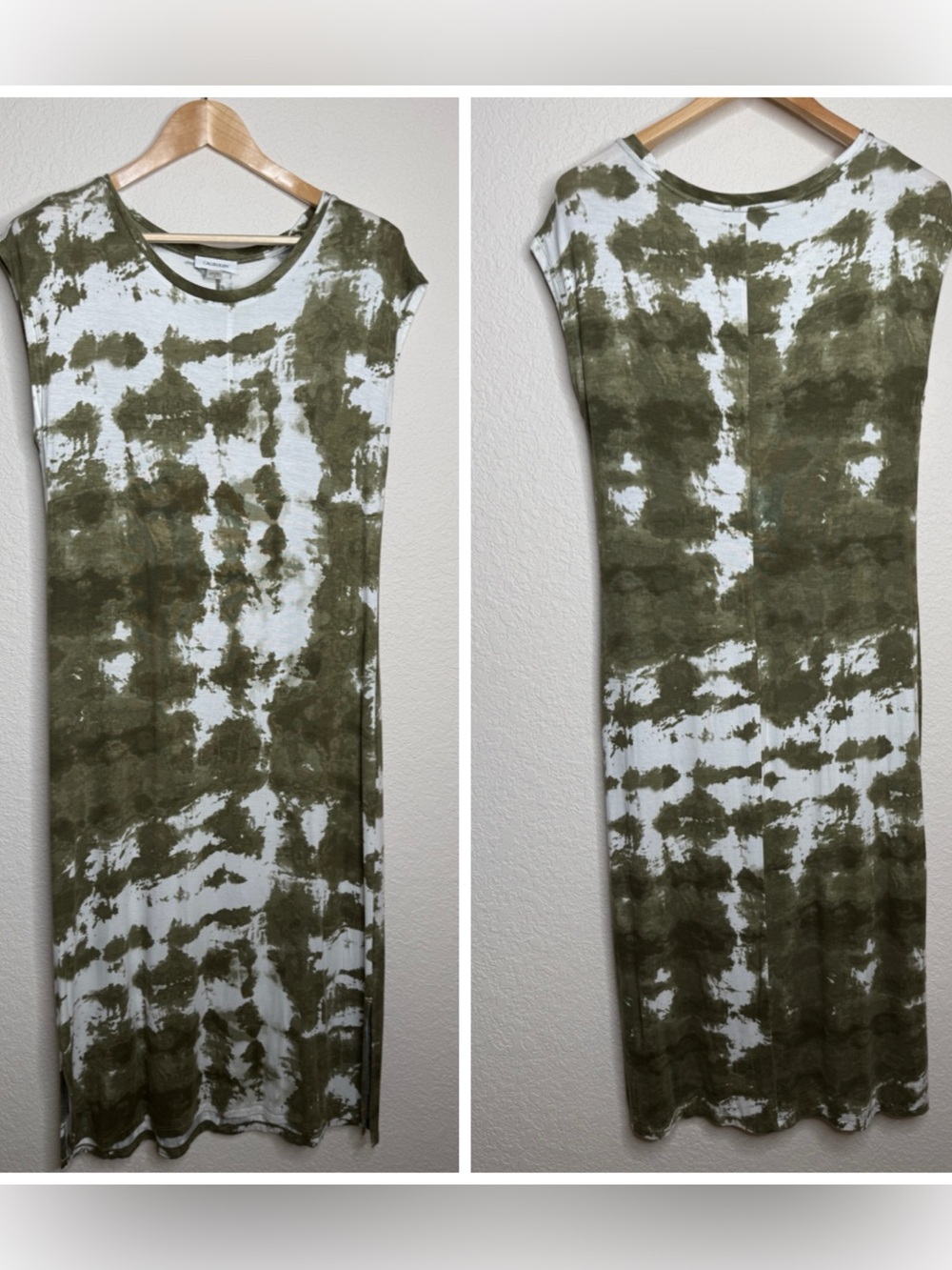 Calvin Klein Olive Tie Dye Maxi Dress Cap Sleeve Stretch Size 8